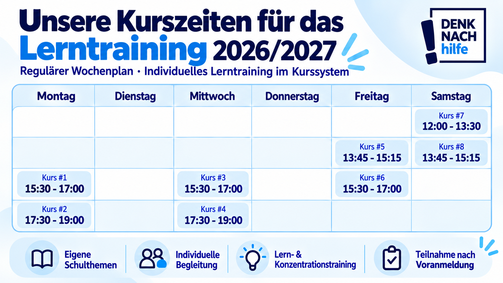 Original-Wochenplan 2026/2027 mit acht Kursen. Alle Kurszeiten sind unter dem Bild als Text aufklappbar.